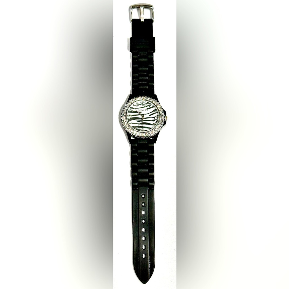NEW Women’s 36mm Zebra Print Rhinestone Crystals and Black Geneva Watch
